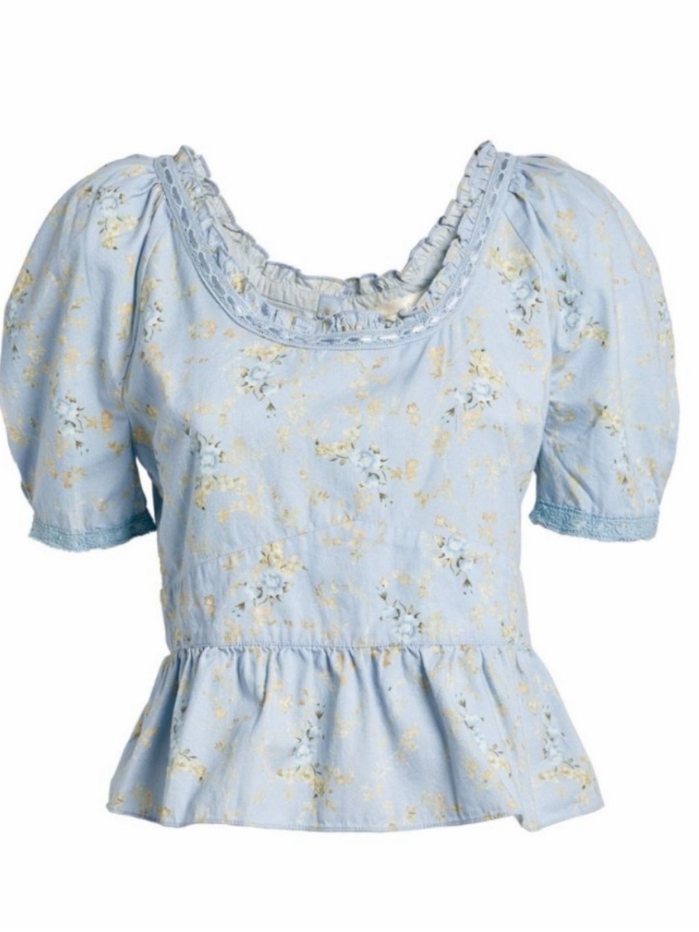 Love Shack Fancy Light Blue Floral Puff sleeve Peplum Top
